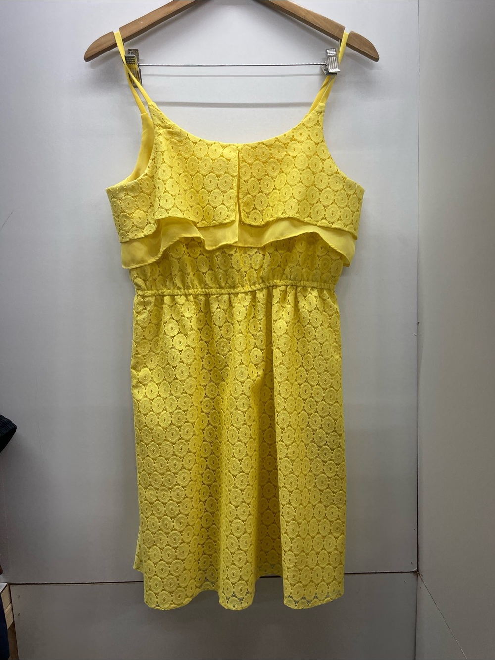 J. Taylor yellow eyelet sundress with adjustable straps.